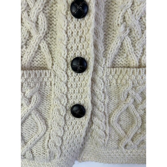 Vintage 90s rish Merino Wool Cable Knit Fisherman Cardigan Sweater - Picture 3 of 7